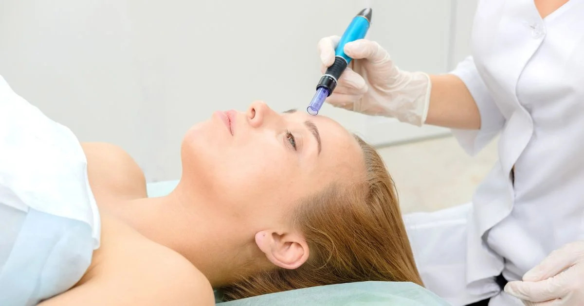 Microneedling treatment being performed to reduce stretch marks on the skin.